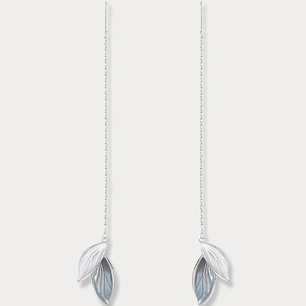 925 Silver Long Chain Leaf Earrings
