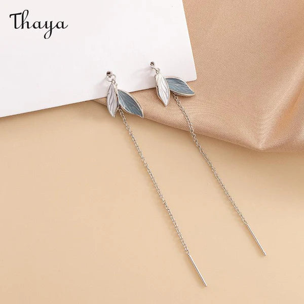 925 Silver Long Chain Leaf Earrings