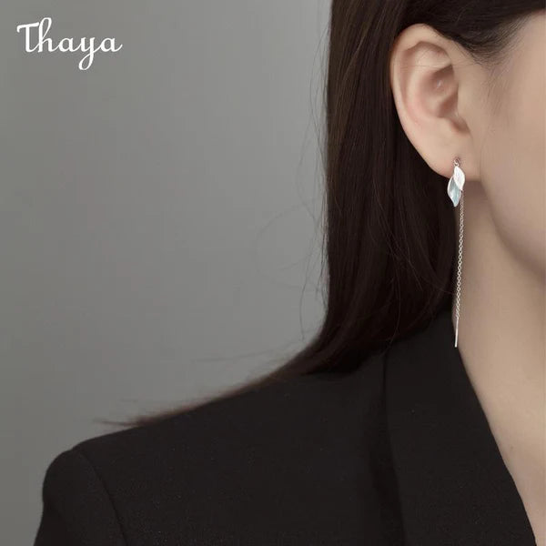 925 Silver Long Chain Leaf Earrings